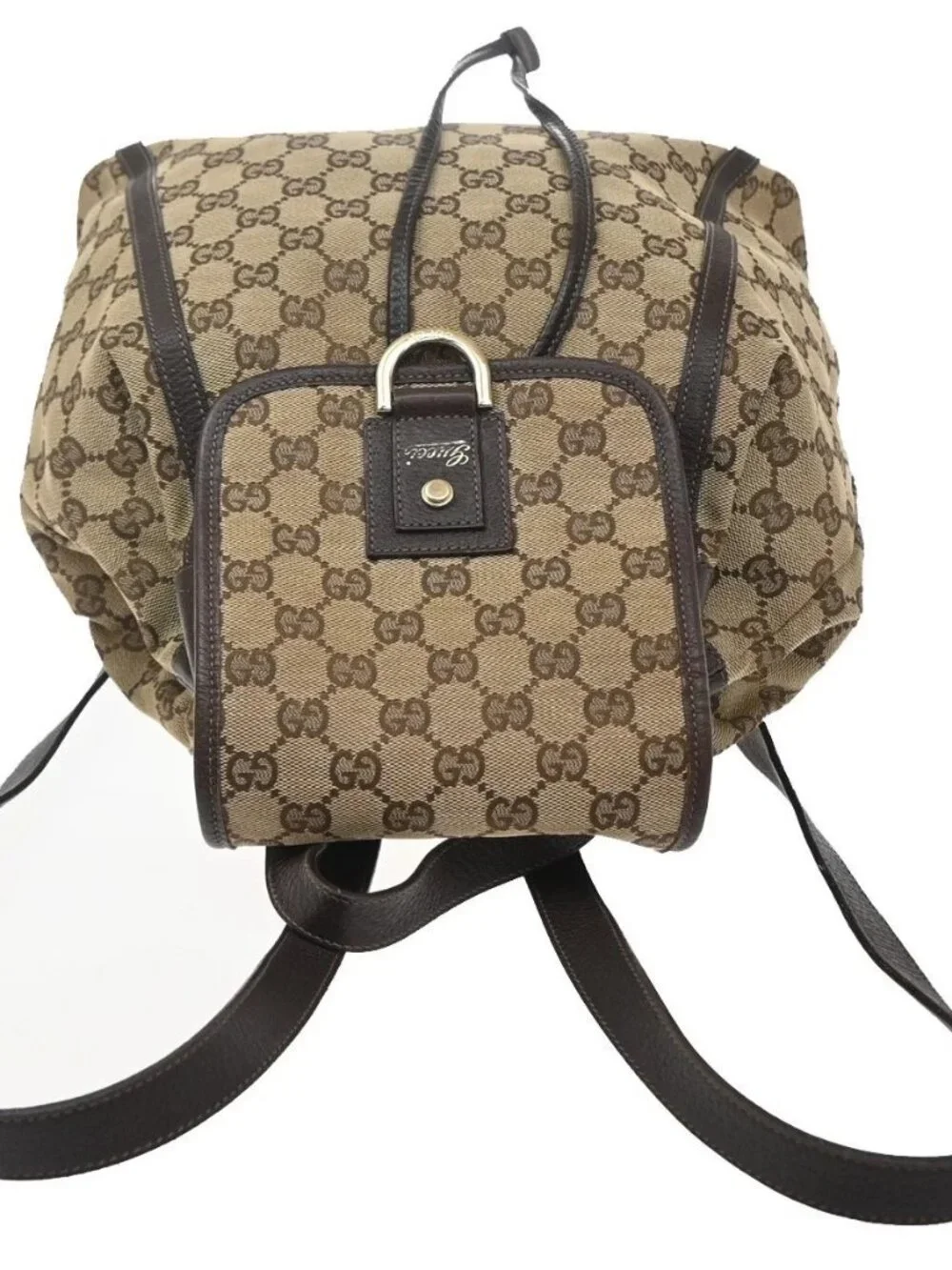 GUCCI Logo GG Pattern Backpack Bag Canvas Leather Brown GHW Italy 77YJ322